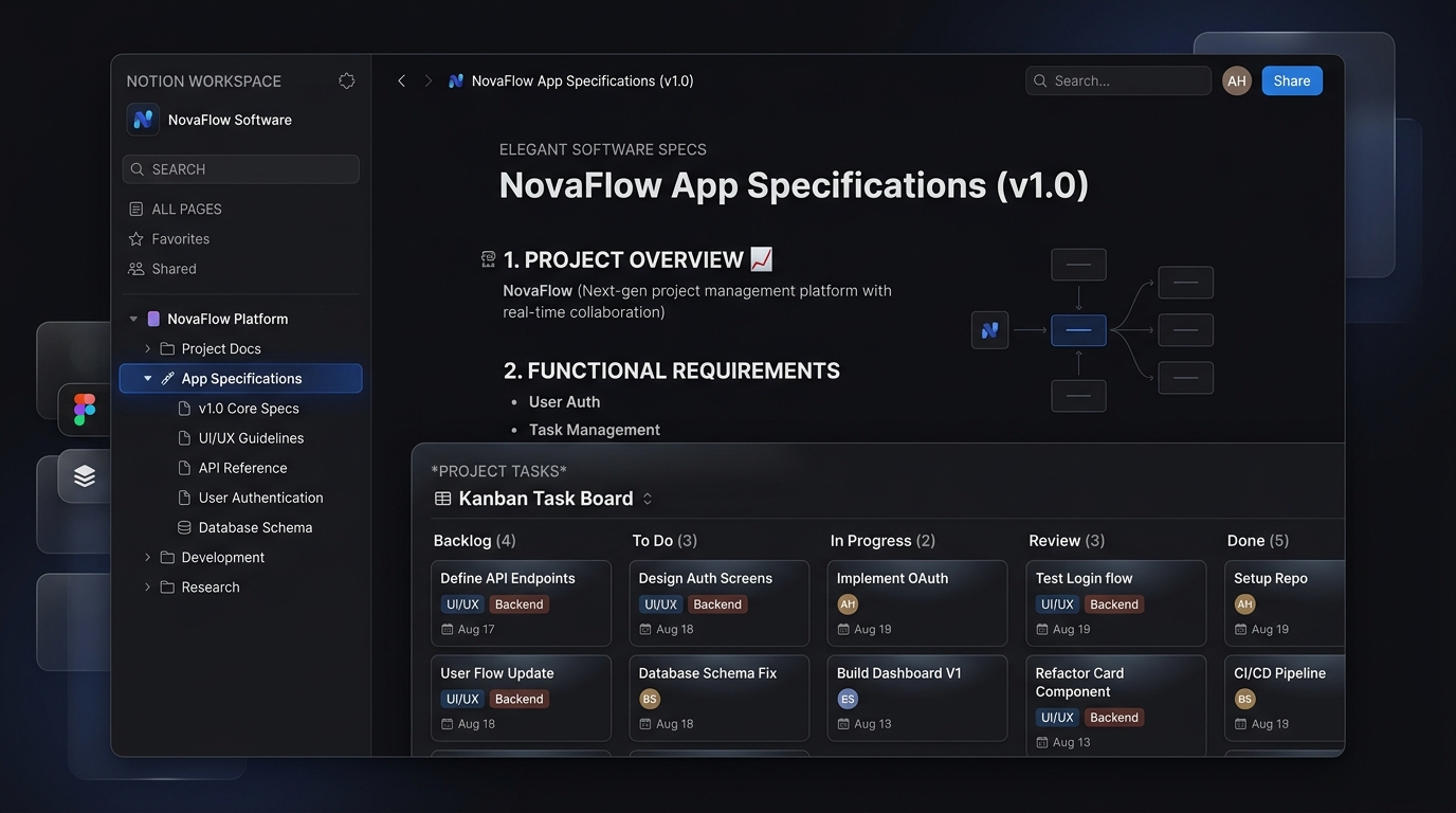 Notion page workflow and task board UI